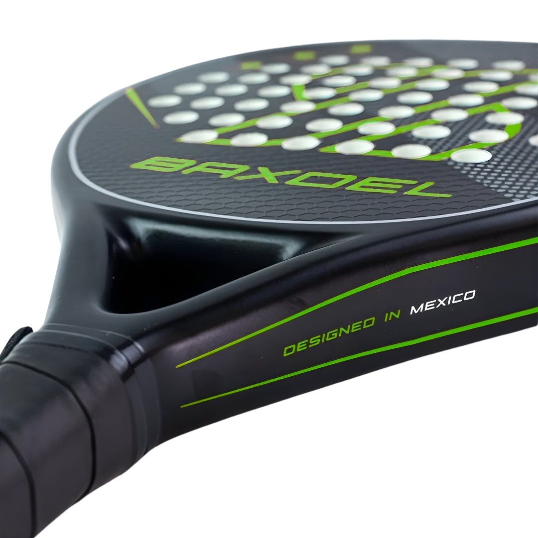 Pala de pádel BX-1 Baxdel Verde diseñada en México, fabricada con carbono 3K y núcleo EVA Soft.