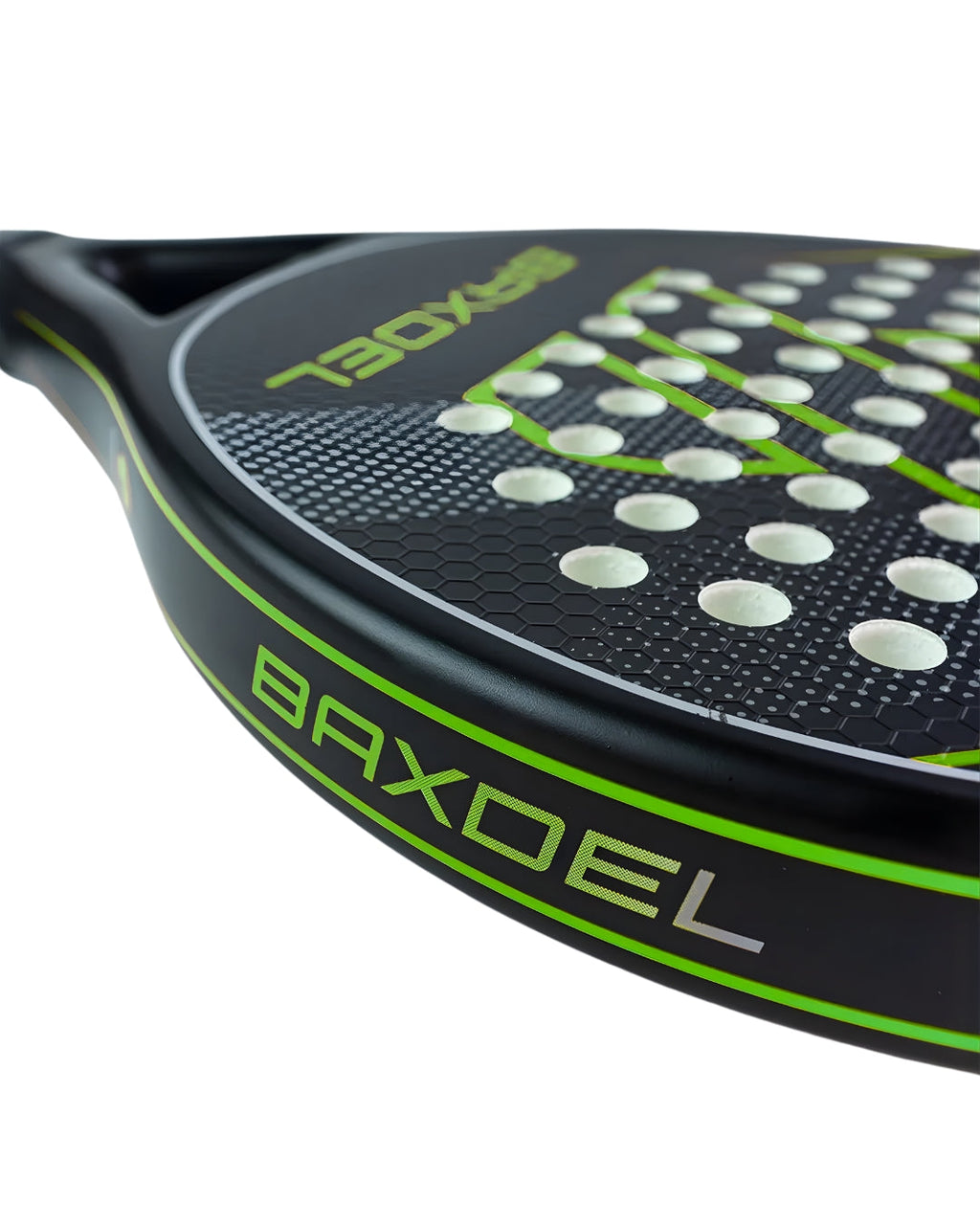 Detalle de la pala de pádel Baxdel BX-1 con estructura de carbono 3K y diseño profesional mexicano.