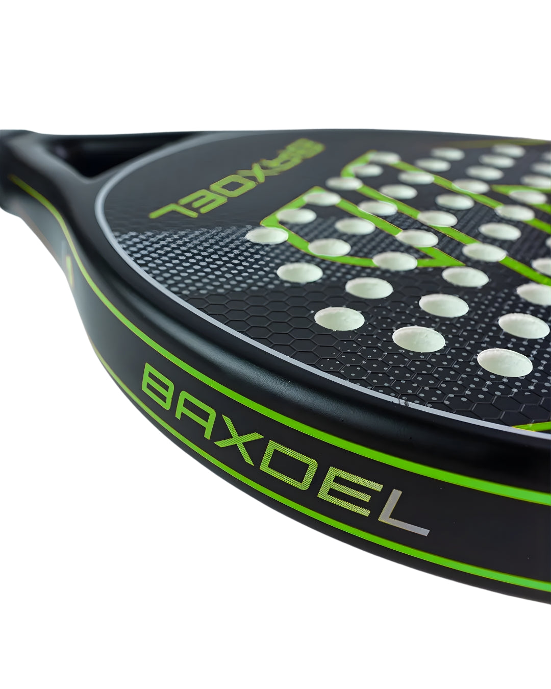 Detalle de la pala de pádel Baxdel BX-1 con estructura de carbono 3K y diseño profesional mexicano.
